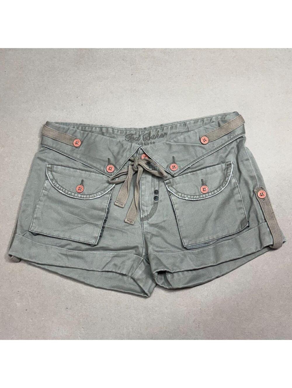 Vintage Ted Baker Green Khaki Cotton Fold-Over Waist Cargo Shorts